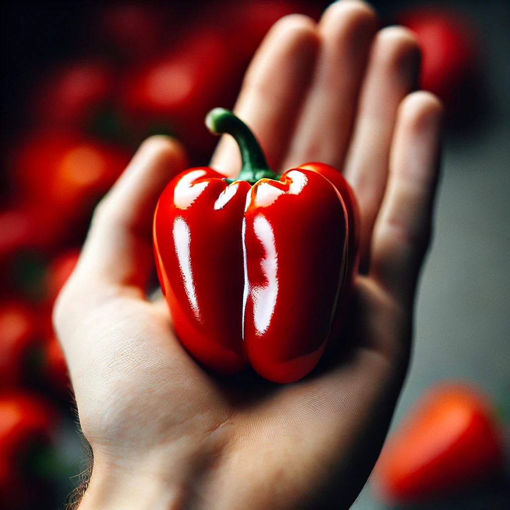 A shiny, bright red pepper held in a single hand. The pepper has a smooth, glossy surface that reflects light beautifully, and the person's hand is ge